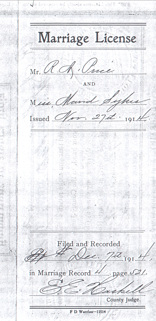Marriage License R.A Price