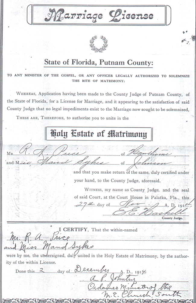 R A Price Marriage License inside