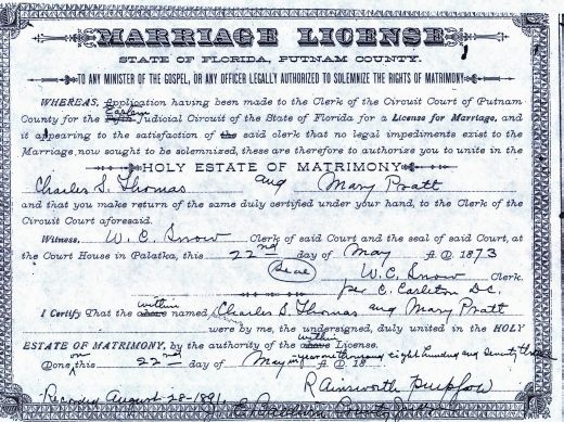 Charles L. Thomas-Mary Pratt Marriage License